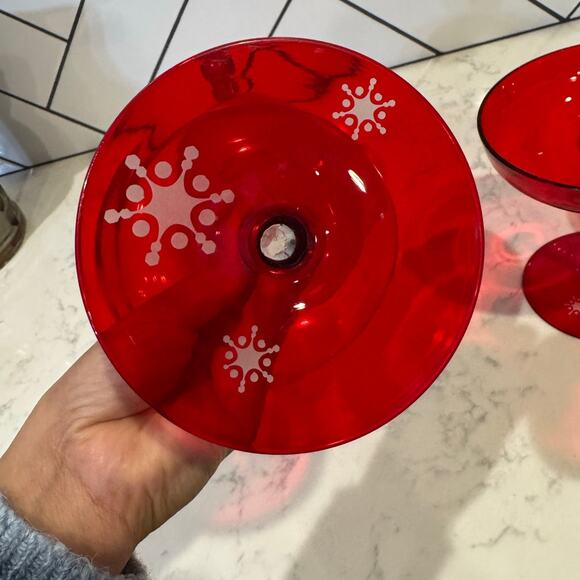 Vintage scroll red frosted glass mini cloches bell jars red stand Christmas rare - Picture 11 of 12